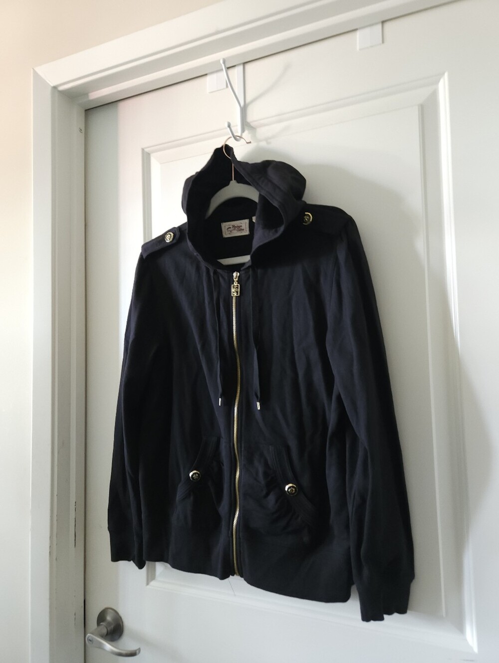 Template: Vintage Cotton Black & Gold Detail Zip Hoodie Size L